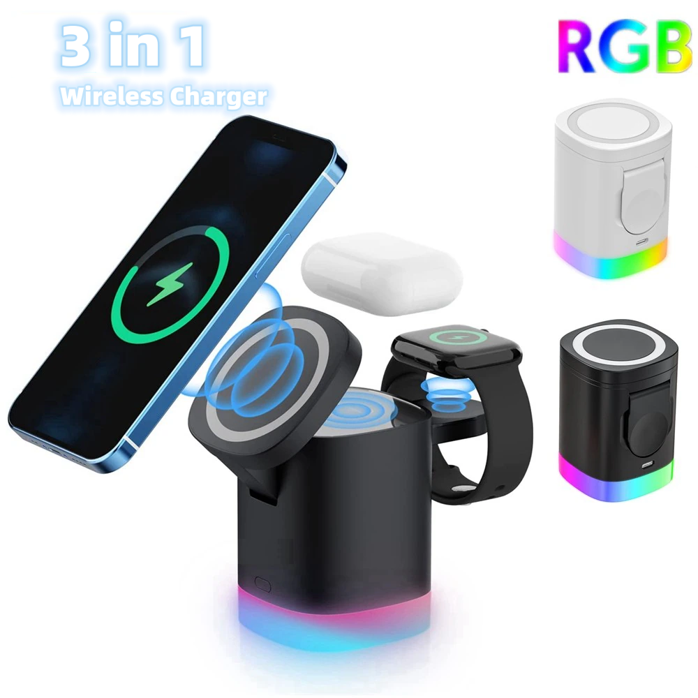 3 In 1 Magnetic Wireless Fast Charger For Smart Phone RGB Ambient Light Charging Station For Airpods  Apple Watch